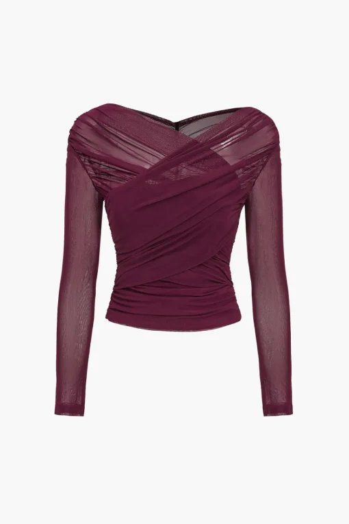 MICAS Long Sleeve Tops|Long Sleeves Tops-Solid Sheer Mesh Ruched Long-Sleeve Top