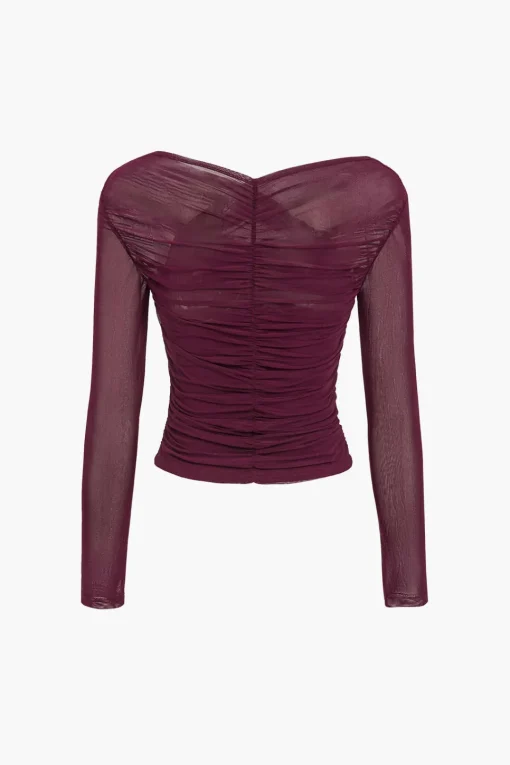 MICAS Long Sleeve Tops|Long Sleeves Tops-Solid Sheer Mesh Ruched Long-Sleeve Top