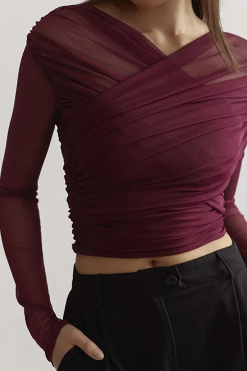 MICAS Long Sleeve Tops|Long Sleeves Tops-Solid Sheer Mesh Ruched Long-Sleeve Top