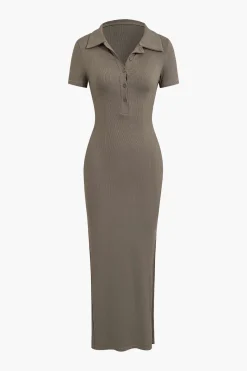 MICAS Midi Dresses-Solid Slit Collar Midi Dress
