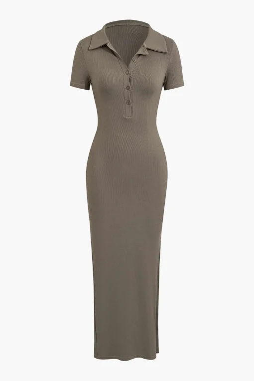 MICAS Midi Dresses-Solid Slit Collar Midi Dress