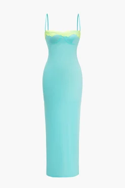 MICAS Maxi Dresses-Solid Slit Color Block Bustier Maxi Dress TIFFANY
