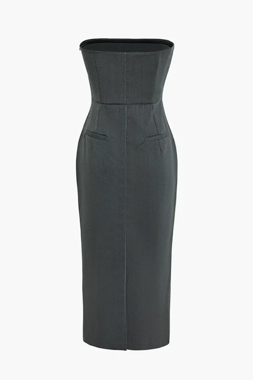 MICAS Midi Dresses-Solid Slit Ruched Strapless Midi Dress GRAY