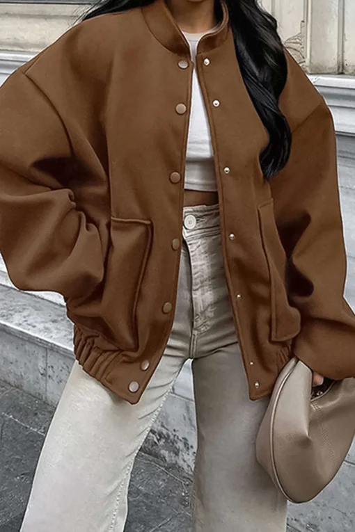 MICAS Outerwear|Outerwear-Solid Stand Collar Button Coat BROWN