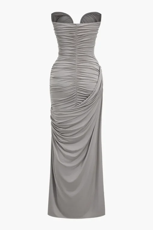 MICAS Maxi Dresses-Solid Strapless Ruched Maxi Dress SMOKE