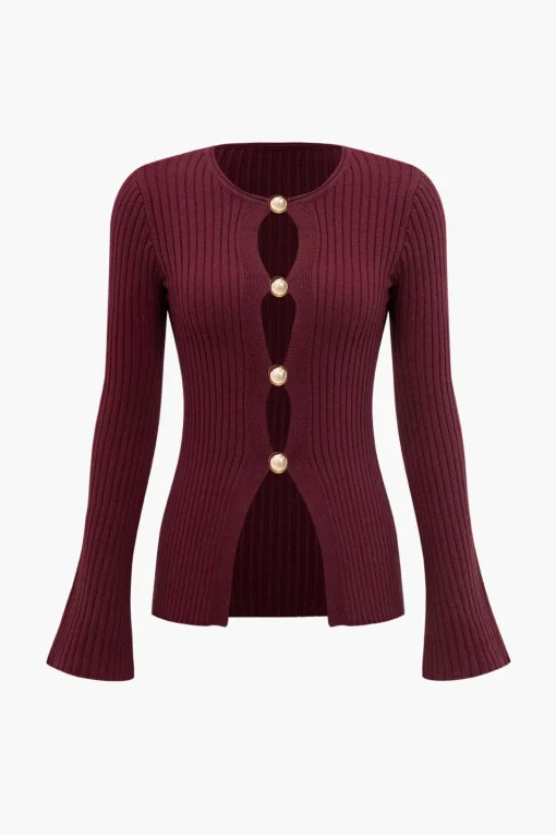 MICAS Knit Tops-Solid Sweater Button Long-Sleeve Top BURGUNDY