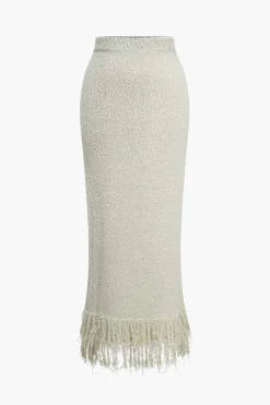 MICAS Skirts-Solid Sweater Fringe Maxi Skirt BEIGE