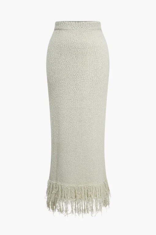 MICAS Skirts-Solid Sweater Fringe Maxi Skirt BEIGE