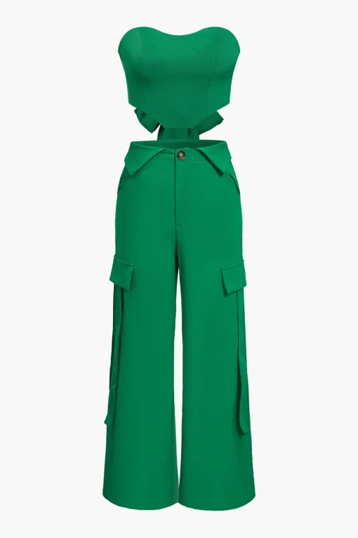 MICAS Pant Sets-Solid Tie Backless Tube Top And Cargo Trouser Set GREEN