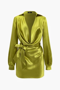 MICAS Long Sleeve Dresses|Mini Dresses-Solid Tie Front Draped Cowl Neck Belted Mini Dress