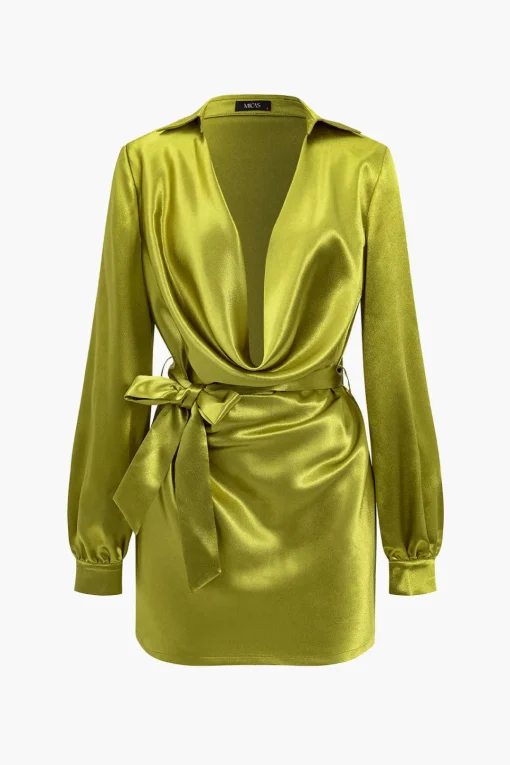 MICAS Long Sleeve Dresses|Mini Dresses-Solid Tie Front Draped Cowl Neck Belted Mini Dress