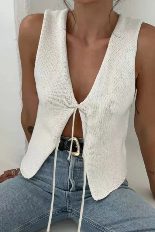 MICAS Knitwear-Solid Tie Front Knit Vest WHITE