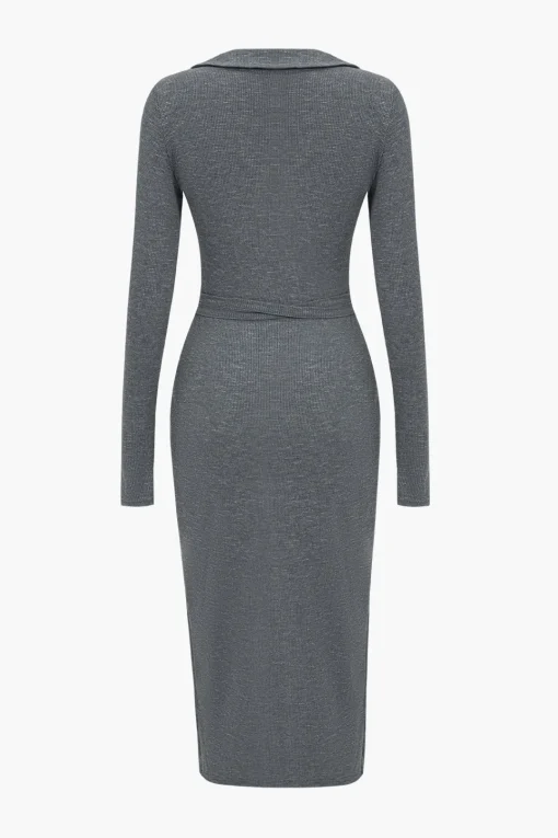 MICAS Long Sleeve Dresses|Midi Dresses-Solid Tie Front Long Sleeve Midi Dress GRAY