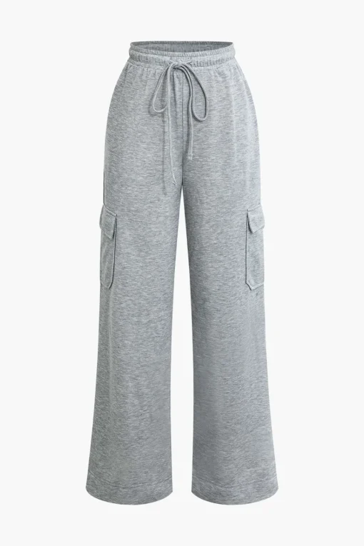MICAS Pants-Solid Tie Front Shirred Waistband Pocket Drawstring Trousers LIGHT GRAY