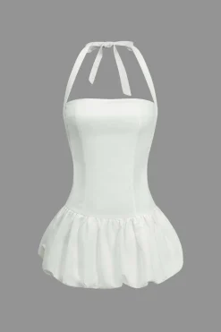 MICAS Mini Dresses-Solid Tie-Up Halter Neck Puff Mini Dress