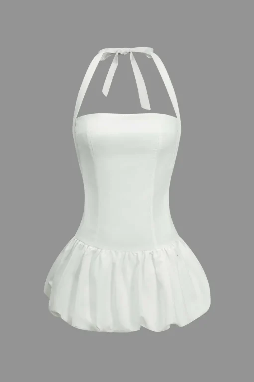 MICAS Mini Dresses-Solid Tie-Up Halter Neck Puff Mini Dress