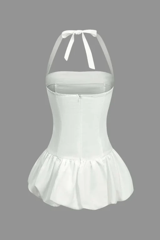 MICAS Mini Dresses-Solid Tie-Up Halter Neck Puff Mini Dress