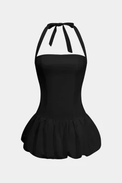MICAS Mini Dresses-Solid Tie-Up Halter Neck Puff Mini Dress
