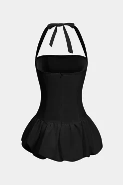 MICAS Mini Dresses-Solid Tie-Up Halter Neck Puff Mini Dress