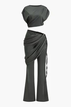 MICAS Pant Sets-Solid Top And Asymmetrical Drawstring Flared Trouser Set