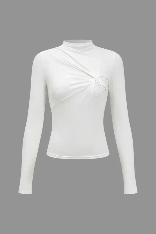 MICAS Long Sleeve Tops|Long Sleeves Tops-Solid Twist Knot Long-Sleeve Top WHITE
