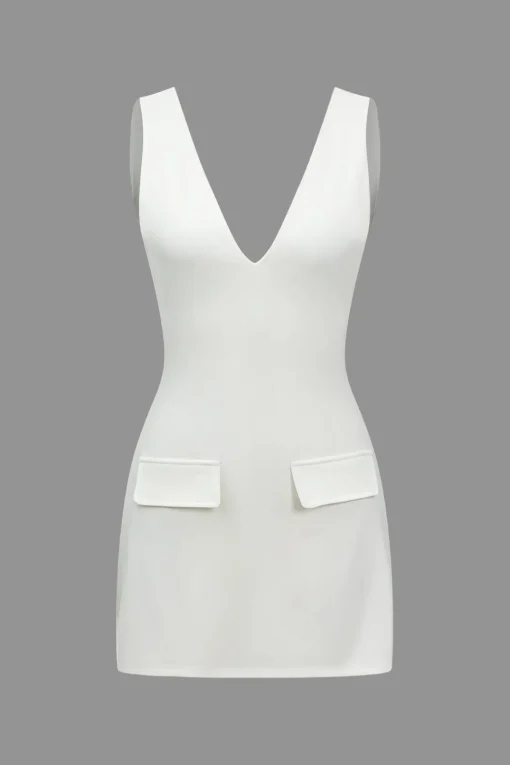 MICAS Mini Dresses-Solid V-neck Fake Pocket Mini Dress WHITE