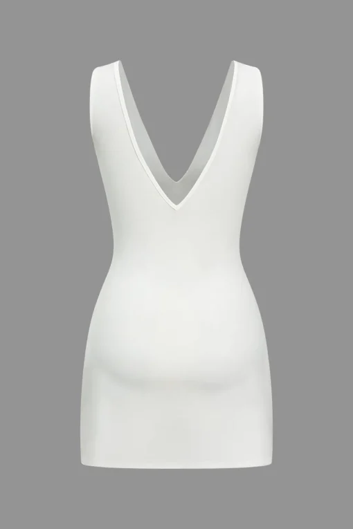 MICAS Mini Dresses-Solid V-neck Fake Pocket Mini Dress WHITE