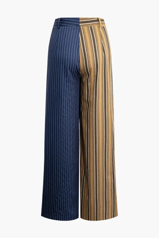 MICAS Pants-Stripe Asymmetrical Detail Color Block Print Trousers Contrast Color