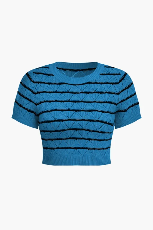 MICAS Knit Sets-Stripe Crop Knit Top And Shorts Set