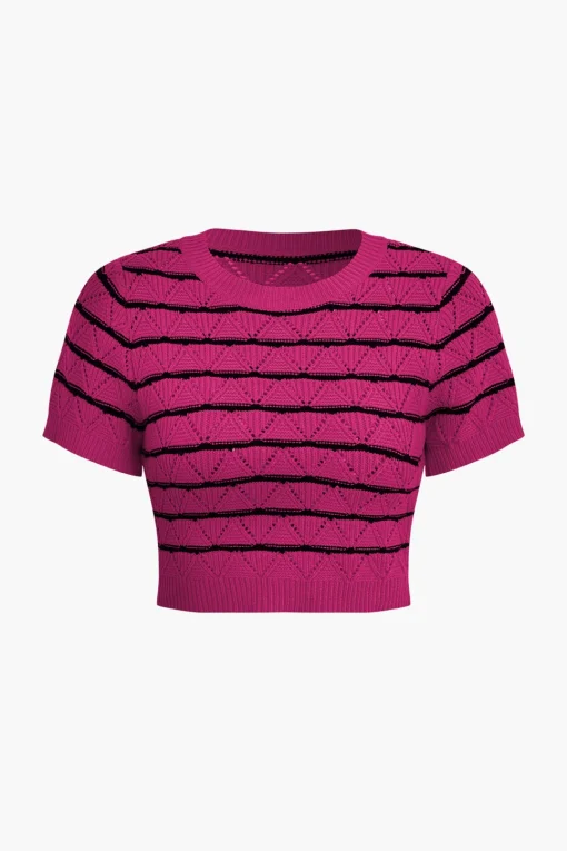MICAS Knit Sets-Stripe Crop Knit Top And Shorts Set