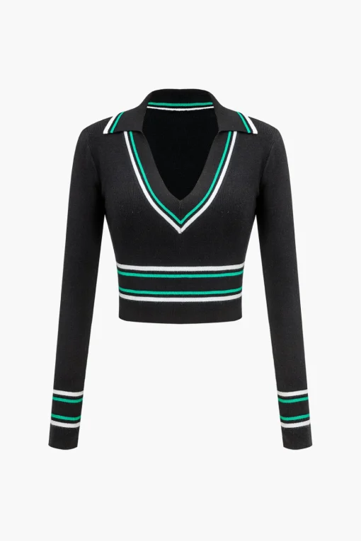 MICAS Knit Tops-Stripe Print Knit Long-Sleeve Top BLACK