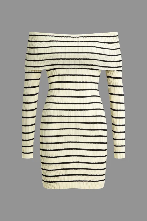 MICAS Long Sleeve Dresses|Knit Dresses-Stripe Print Knit Wrap Off Shoulder Dress Contrast Color