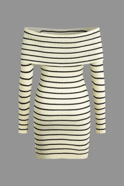 MICAS Long Sleeve Dresses|Knit Dresses-Stripe Print Knit Wrap Off Shoulder Dress Contrast Color