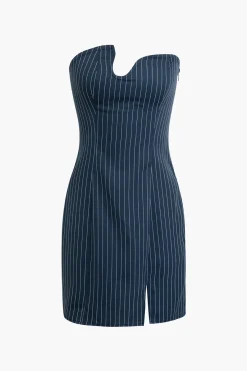 MICAS Mini Dresses-Stripe Print V-Shaped Slit Asymmetrical Strapless Mini Dress ROYAL