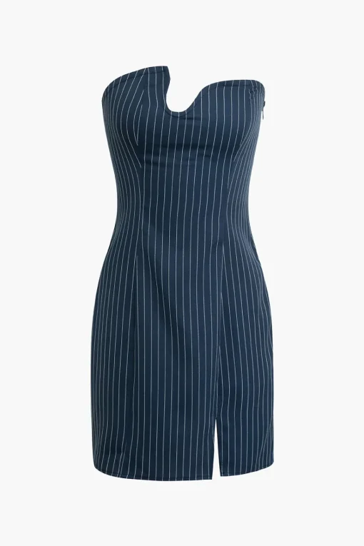 MICAS Mini Dresses-Stripe Print V-Shaped Slit Asymmetrical Strapless Mini Dress ROYAL