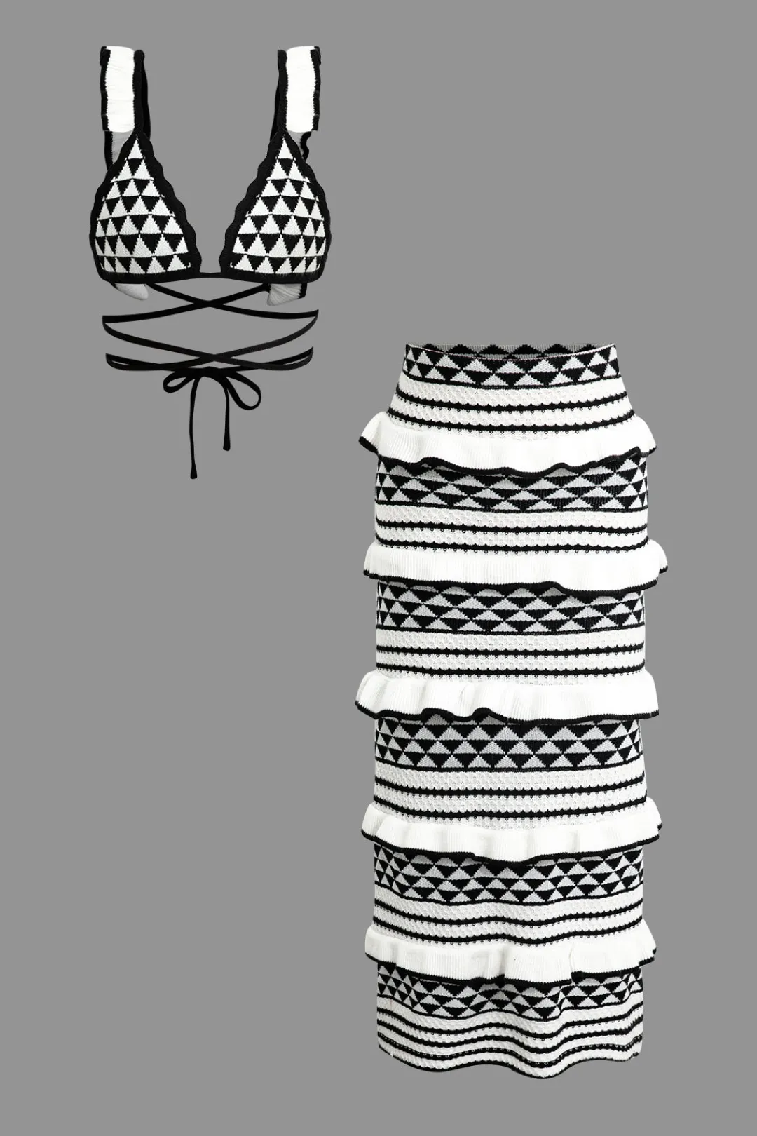 MICAS Knitwear|Knit Sets-Stripe Tie Bra Top And Tiered Ruffle Knit Midi Skirt Set Contrast Color