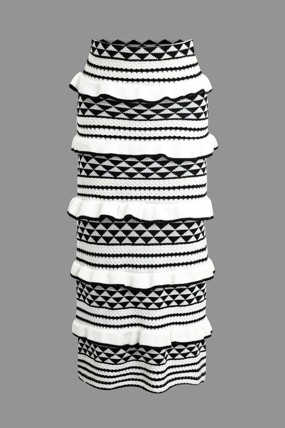 MICAS Knitwear|Knit Sets-Stripe Tie Bra Top And Tiered Ruffle Knit Midi Skirt Set Contrast Color