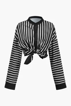 MICAS Pant Sets-Stripes Print Shirt And Trousers Set BLACK