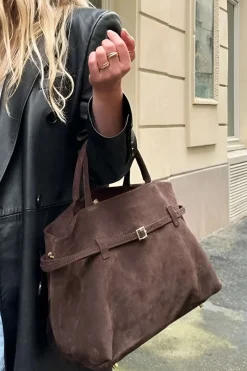MICAS Bags|Accessories-Suede Tote Bag With Buckle Detail BROWN