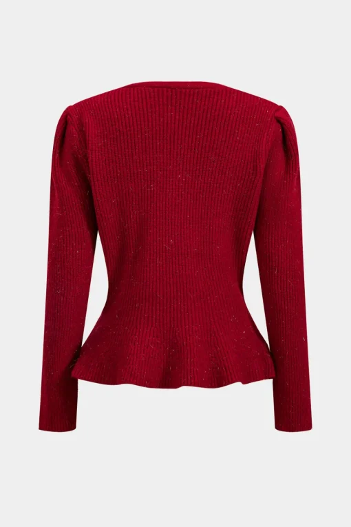 MICAS Knit Tops-Sweater Button V-Neck Long-Sleeve Top RED