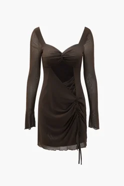 MICAS Long Sleeve Dresses|Mini Dresses-Sweetheart Neckline Mesh Cut Out Mini Dress COFFEE
