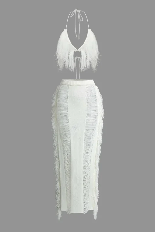 MICAS Vacation Sets|Knit Sets-Tassel Tie Halter Knit Bra Top And Distressed Ladder Maxi Skirt Set WHITE