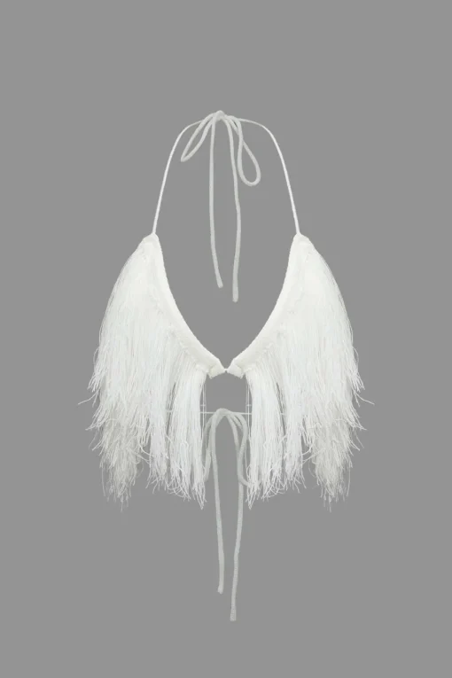 MICAS Vacation Sets|Knit Sets-Tassel Tie Halter Knit Bra Top And Distressed Ladder Maxi Skirt Set WHITE