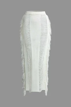 MICAS Vacation Sets|Knit Sets-Tassel Tie Halter Knit Bra Top And Distressed Ladder Maxi Skirt Set WHITE