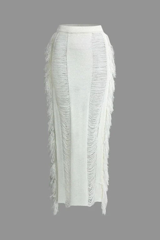 MICAS Vacation Sets|Knit Sets-Tassel Tie Halter Knit Bra Top And Distressed Ladder Maxi Skirt Set WHITE