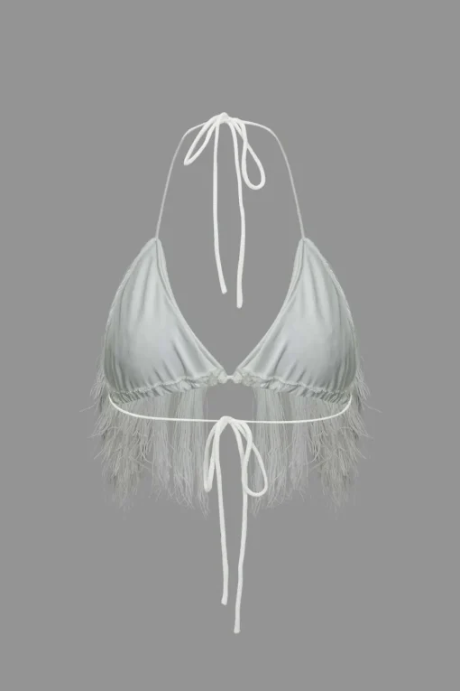 MICAS Vacation Sets|Knit Sets-Tassel Tie Halter Knit Bra Top And Distressed Ladder Maxi Skirt Set WHITE