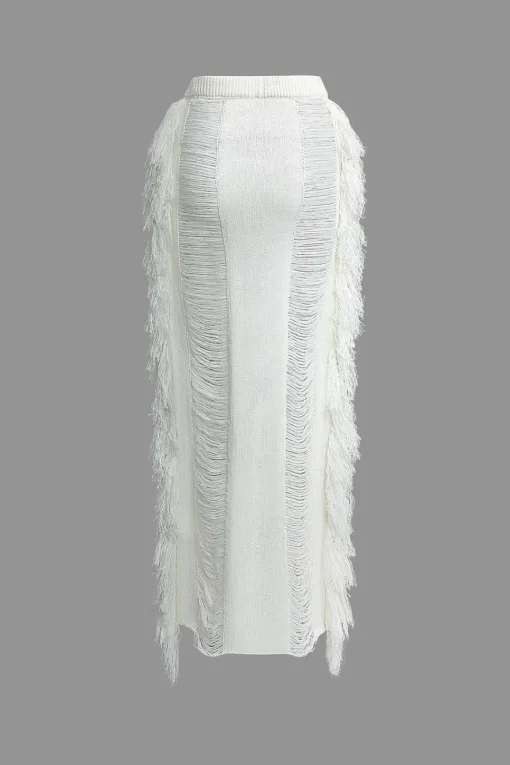 MICAS Vacation Sets|Knit Sets-Tassel Tie Halter Knit Bra Top And Distressed Ladder Maxi Skirt Set WHITE