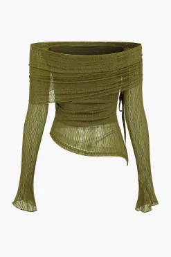 MICAS Long Sleeve Tops|Long Sleeves Tops-Texture Off Shoulder Asymmetrical Tie Mesh Top