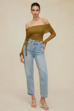 MICAS Long Sleeve Tops|Long Sleeves Tops-Texture Off Shoulder Asymmetrical Tie Mesh Top