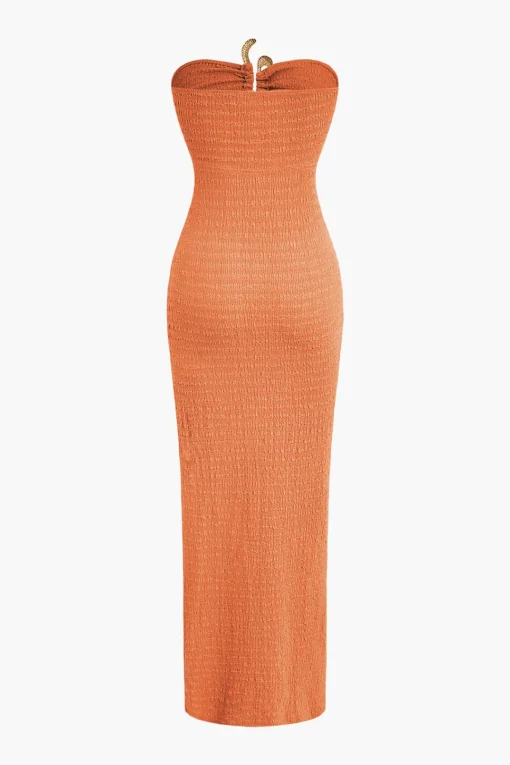MICAS Maxi Dresses-Textured Ruched Cut Out Strapless Slit Maxi Dress